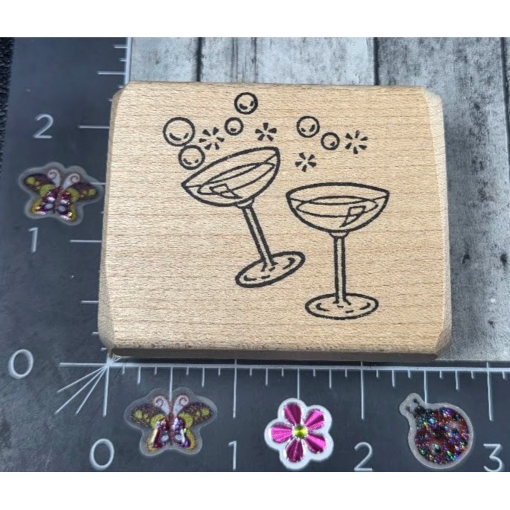 Endless Designs Champagne Glasses Bubbly Celebrate Rubber Stamp Wood #N99